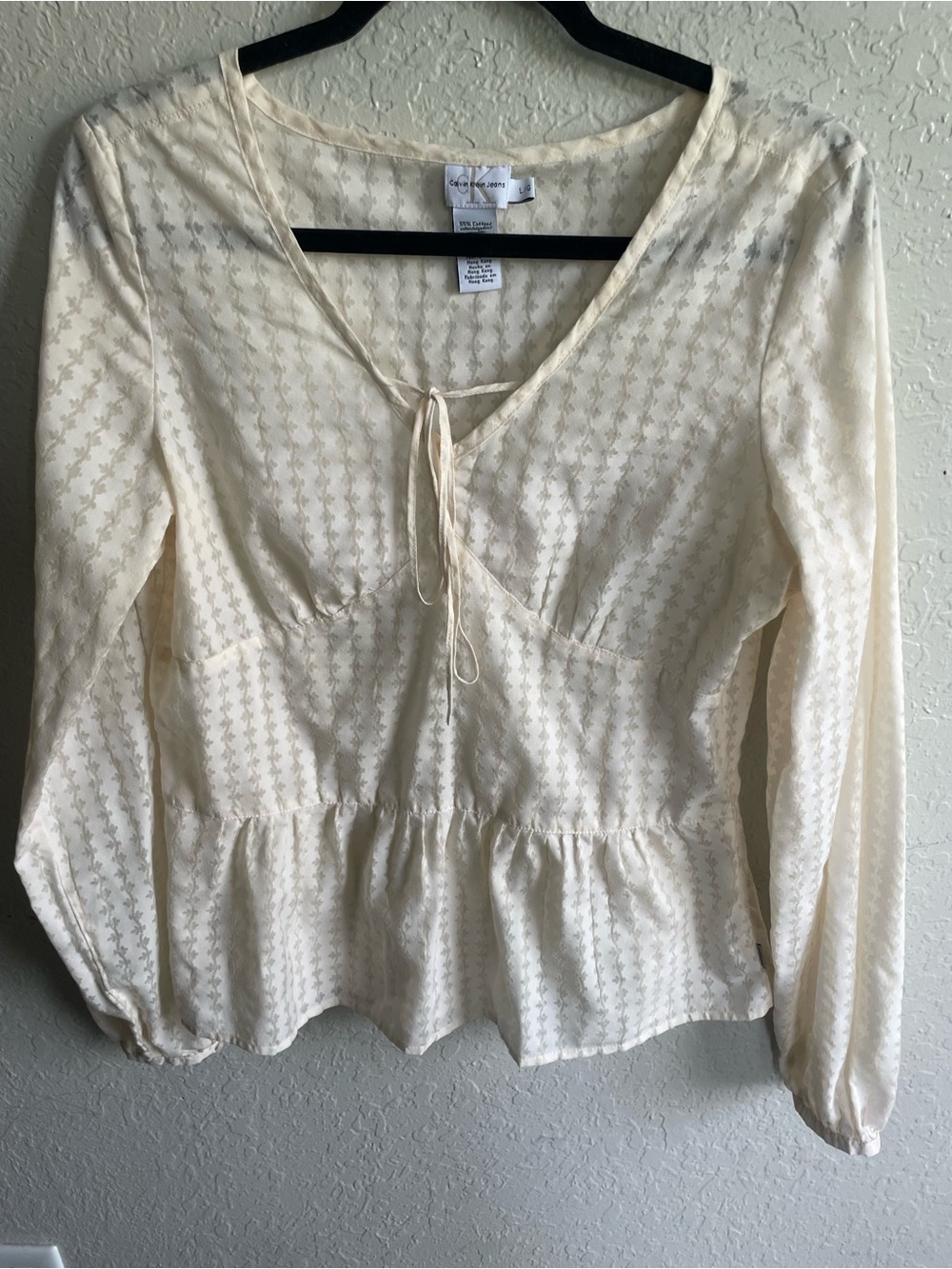 Calvin Klein Cream Long-Sleeve Peplum Tie-Front Blouse